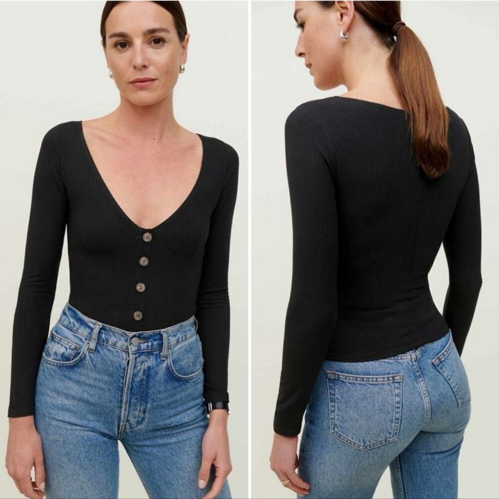 Reformation Black Long-Sleeve Top with Button Detail Size L *Like New*
